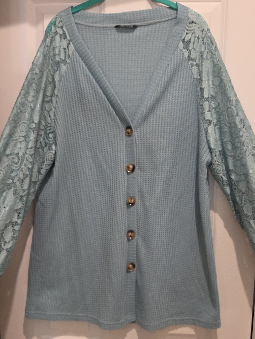 NWOT Bloomchic Light Teal Lace Sleeve Button-Up Cardigan 1x